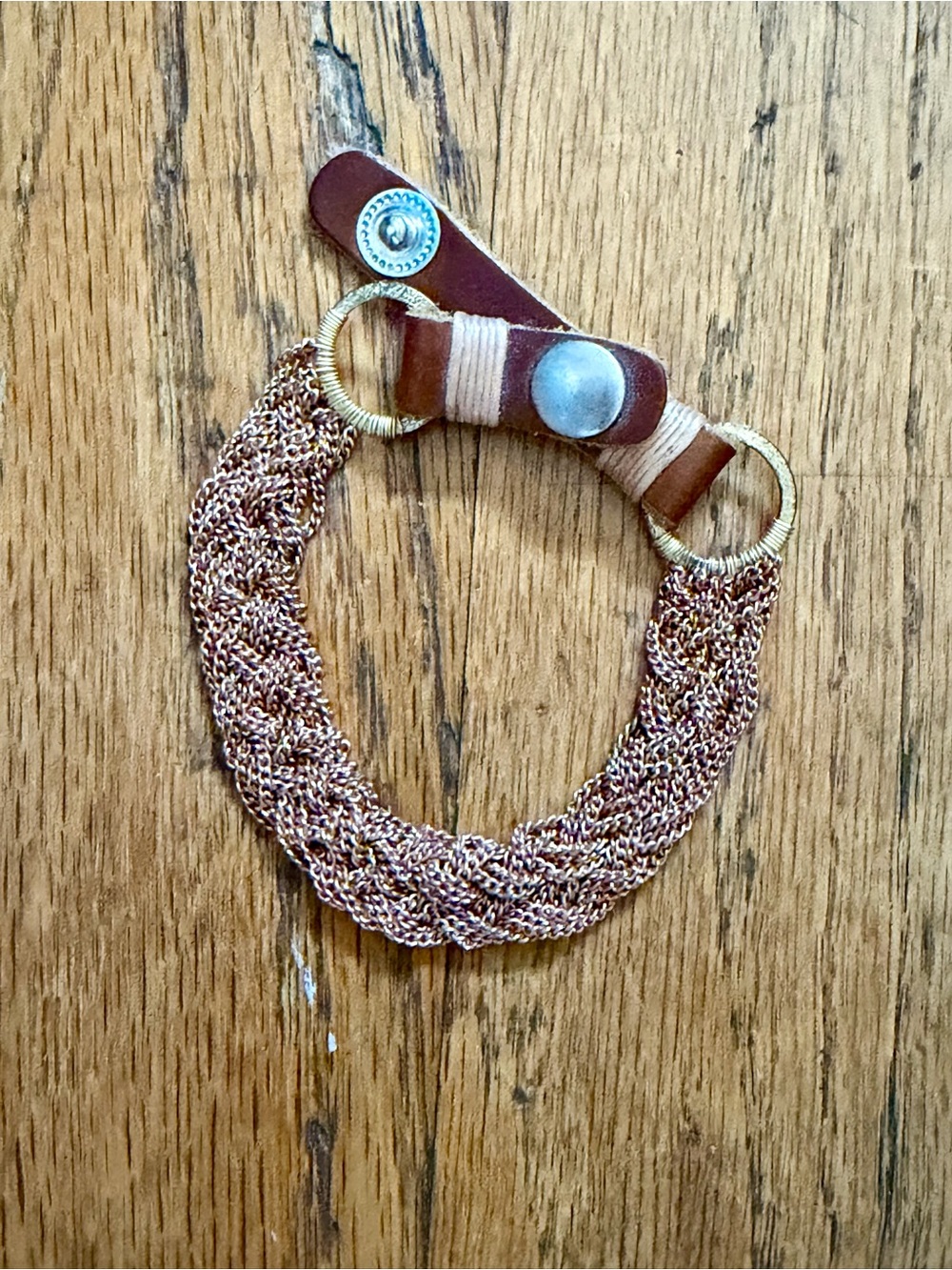Handwoven Rose Gold Multi-Strand Chain Bracelet with Brown Leather Closure